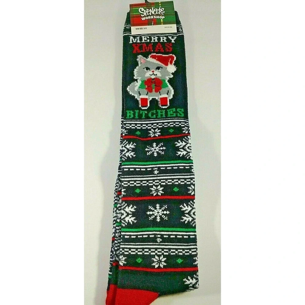 Spencer's Workshop Merry Christmas Bitches Long Black Patterned Cat Socks 9-11